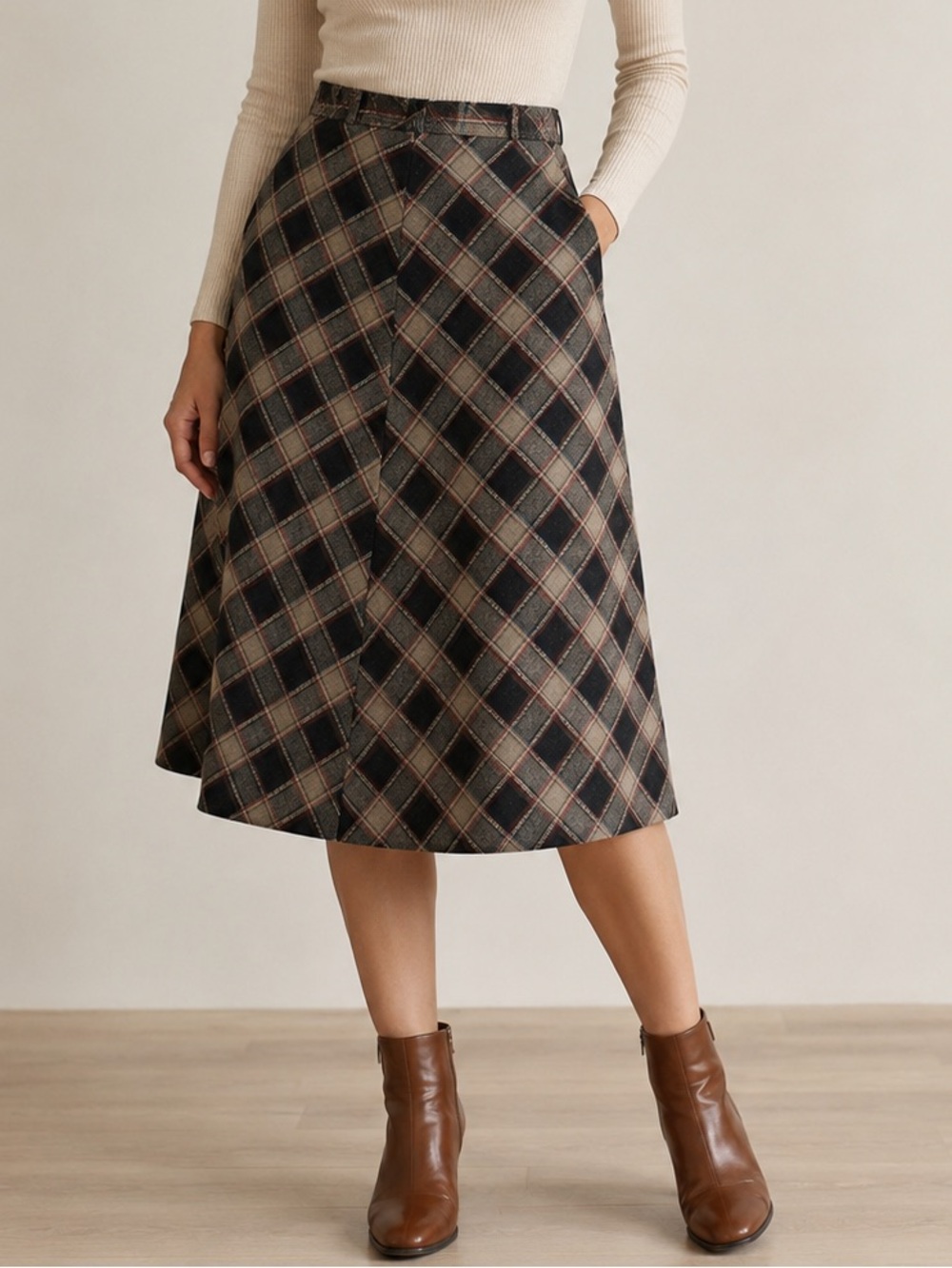 Vintage Brown Plaid A-Line Midi Skirt